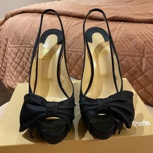 💯 Authentic Christian Louboutin black satin Bow Slingback Platform heel 38.5